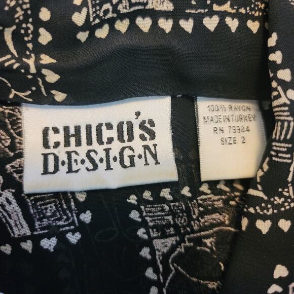 Chico's Designs Semi Sheer Face/Hearts Black/Tan Blouse 2 - M - Picture 5 of 6